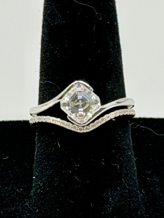 Jewelry - 1.25 tcw Moissanite Asscher Cut Solitaire Ring and Moissanite Chevron Band Set
